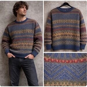 Hand Knit Fair Isle Colorful Wool Sweater Large Eclectic Grandpa Nordic Folk